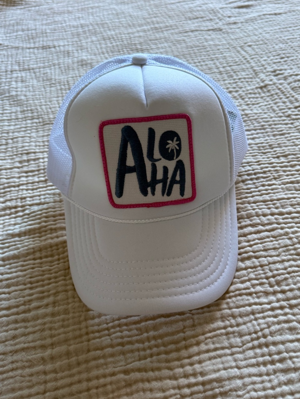 White Trucker Hat with Pink-Trim 'Aloha' Patch - Picture 1 of 4